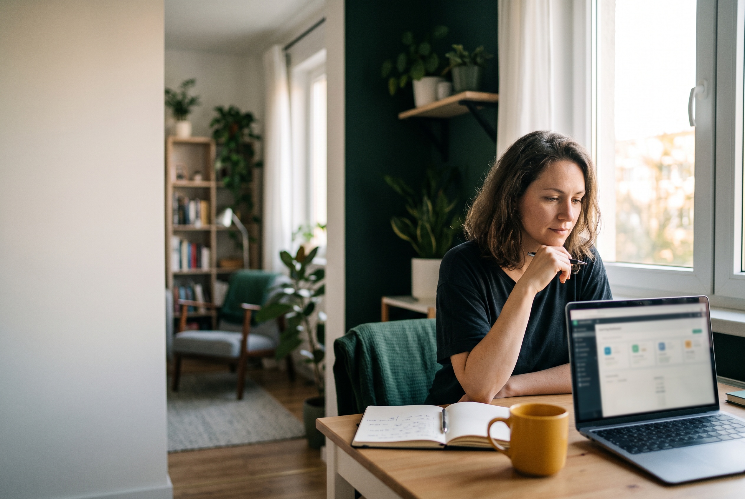 Eine Frau lernt konzentriert am Schreibtisch zuhause — Laptop mit Lernplattform, Notizbuch und Kaffeetasse